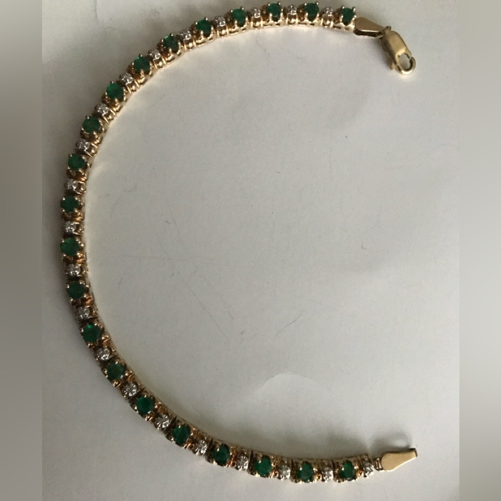 10k gold natural emerald and diamonds Gold Tennis Bracelet stamp 10k Mexico